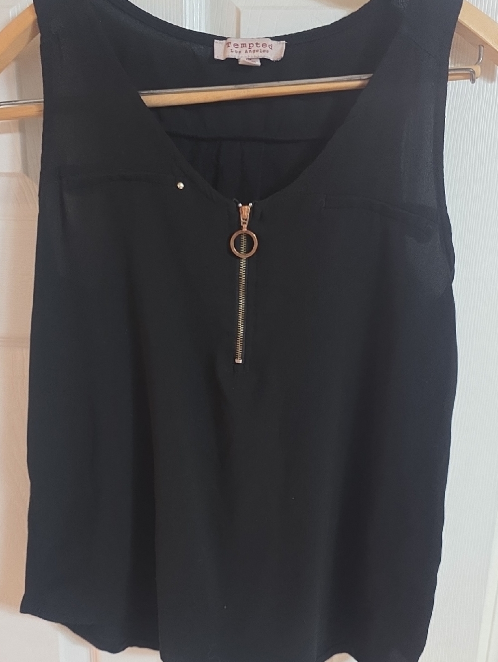 Tempted Black Zip-Front Sleeveless Top with Ring Pull